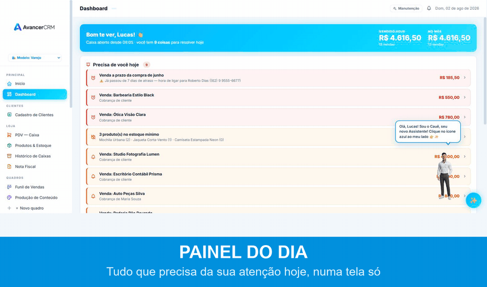 Passeio pelas telas do AvancerCRM: painel, clientes, produtos, estoque, PDV, funil, financeiro e relatórios